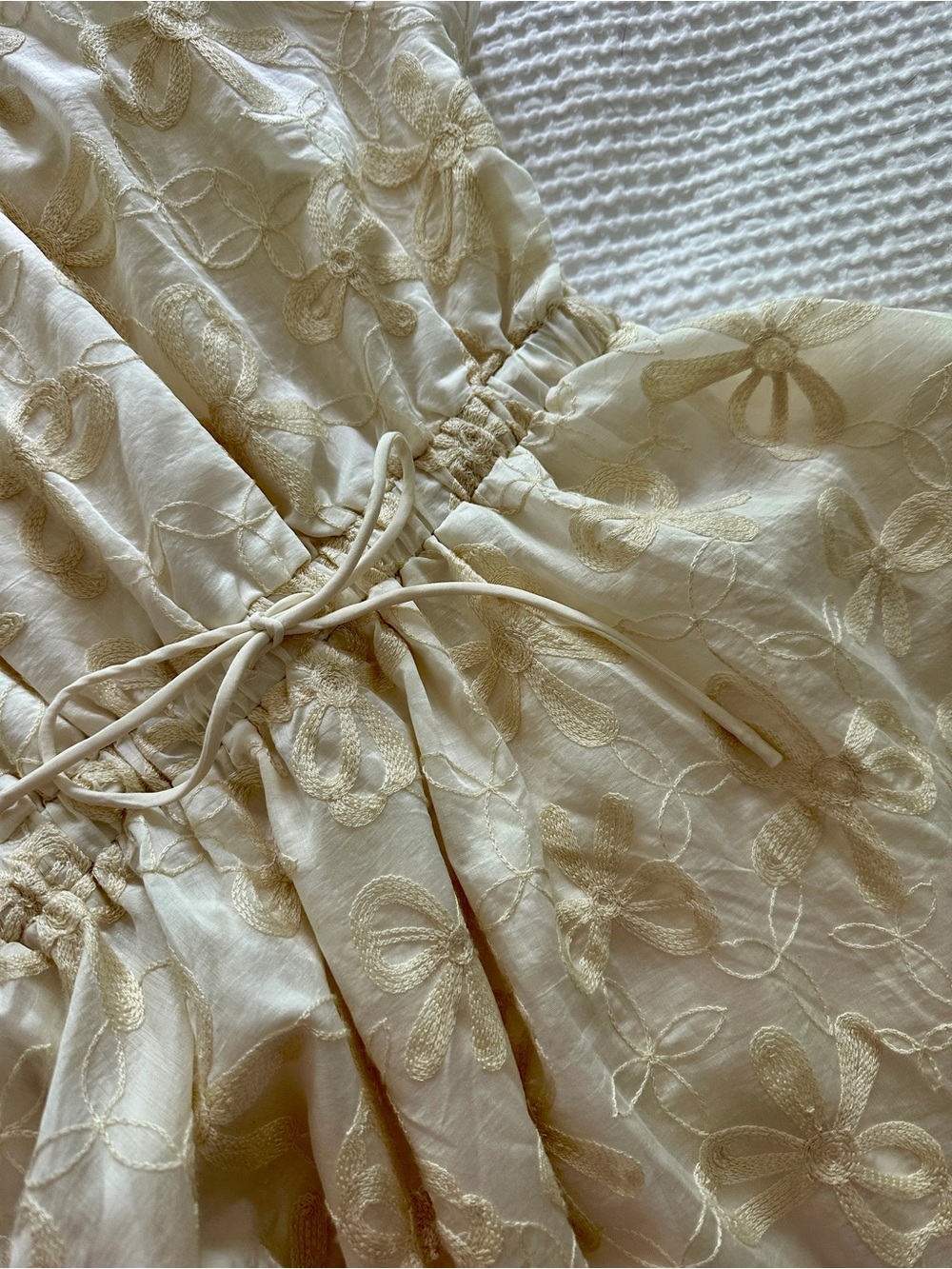 Neutral Cream Embroidered Midi Dress with Drawstring Waist - Picture 2 of 9